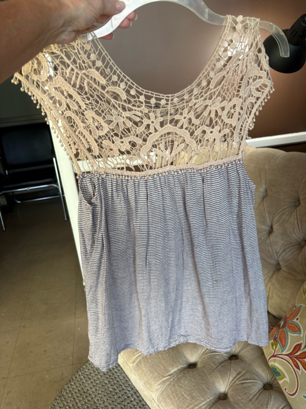 Sleeveless Crochet Yoke Tank Top in Beige and Blue